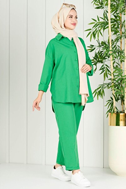 TOFİSA Green Women's Tunic Trousers - Straight Shirt Collar - 10563