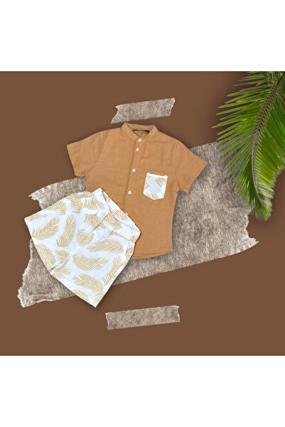 MSMMODA طقم شورت كتان للأولاد - نمط أوراق النخيل
