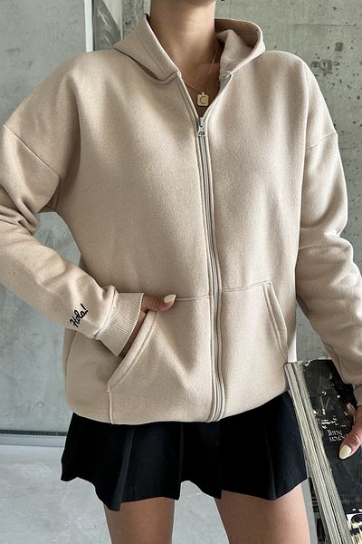 MODAGEN Beigefarbener Unisex-Übergroßer Reißverschluss-Cardigan - Hola-Aufdruck