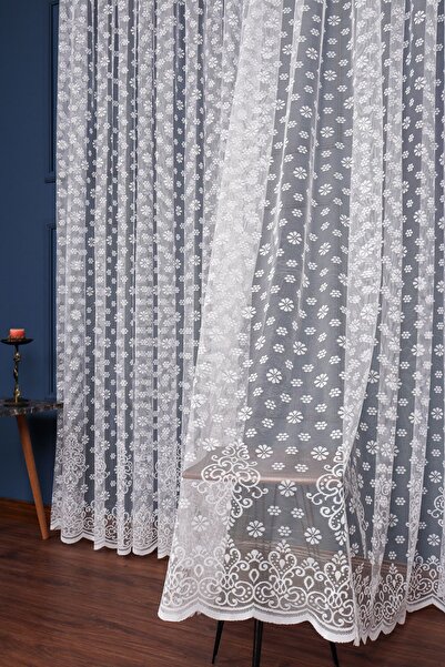 elision home Floral Patterned Lace Tulle Curtain, 400x250cm, 1/2 Sparse Pleat, Elısıon04501