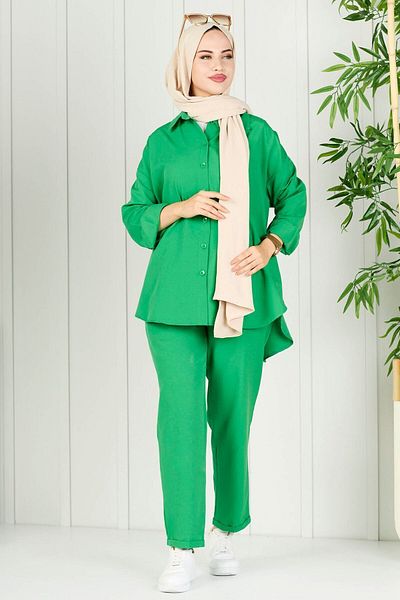 TOFİSA Green Women's Tunic Trousers - Straight Shirt Collar - 10563