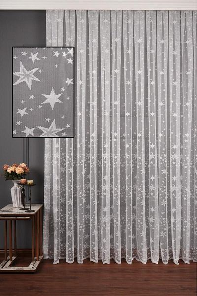 elision home Star Patterned Knitted Tulle Curtain - 350x250cm, 1/2.5 Normal Pleat