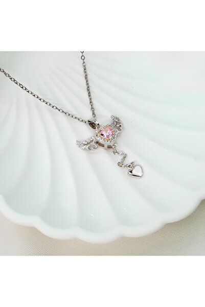 MEC TOPTAN Paslanmaz Çelik Gümüş Hareketli Kanatlı Kalpli Pembe Taşlı  Çelik Kolye-Kutulu
