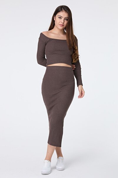 TOFİSA Women's Brown Double Breasted Blouse and Skirt Set - 23137