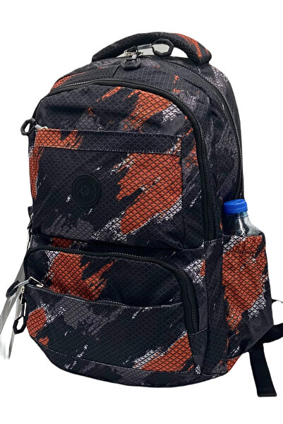 Bevitton Satin Waterproof Fabric Unisex Black Orange Patterned School Backpack 20257