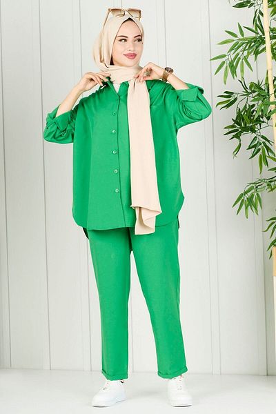 TOFİSA Green Women's Tunic Trousers - Straight Shirt Collar - 10563