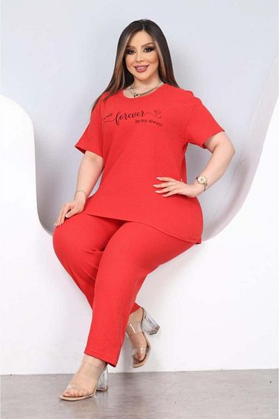 Freeista Waffle Fabric Red Plus Size Pajama Set