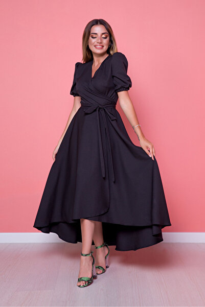 RURIS Kadın Siyah Kruvaze Yaka Asimetrik Kesim Kısa Kollu Midi Abiye Mezuniye...