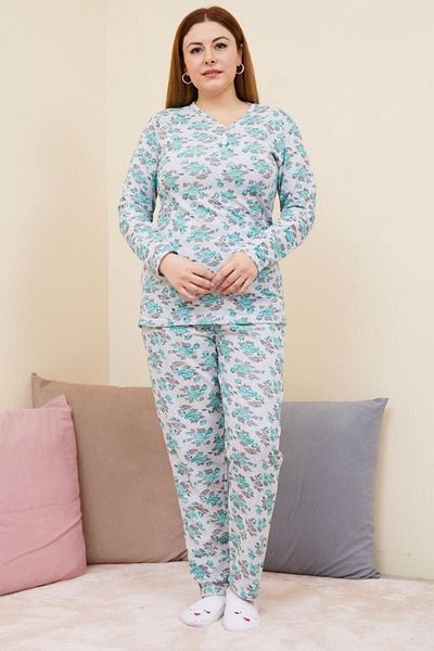 Freeista Gray-green Plus Size Patterned Pajama Set