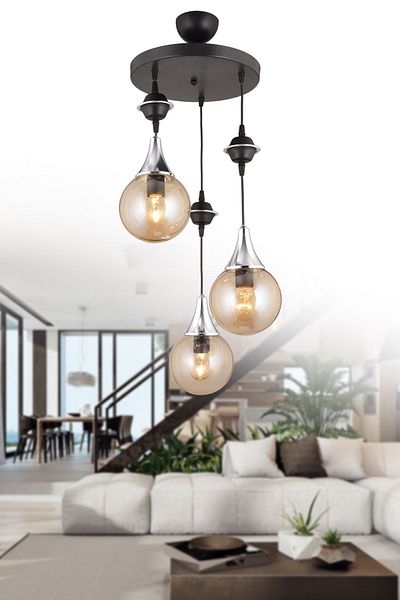 SONSUZ AYDINLATMA&AVİZE Pendant Lamp Tray Black 3-Piece Honey Ball Glass Chrome Downward Facing Luxury Chandelier