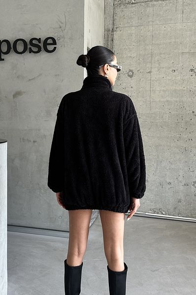 MODAGEN Schwarzer Plüsch-Oversize-Unisex-Cardigan mit Reißverschluss