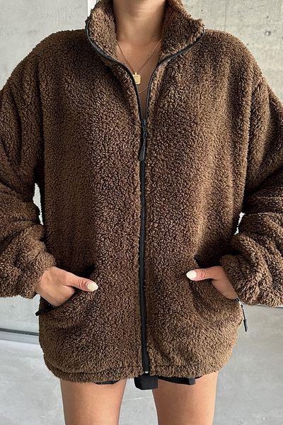 MODAGEN Unisex Oversize Λούτρινη Ζακέτα - Καφέ, με φερμουάρ