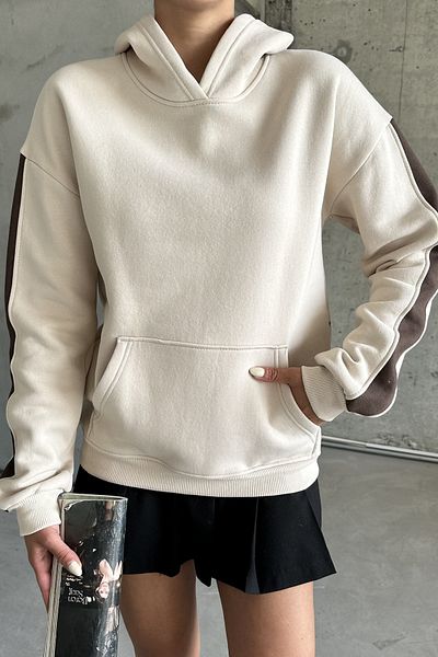 MODAGEN Μπεζ φούτερ Unisex Oversize με κουκούλα - Λεπτομέρεια μανίκι