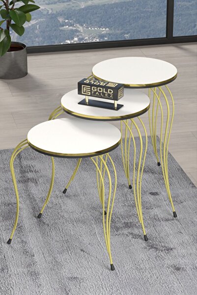 GOLDFALEZ Zigon Sehpa Lükens Çift Gold Beyaz