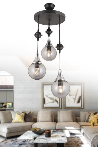 SONSUZ AYDINLATMA&AVİZE Pendant Lamp Tray Black 3-Piece Smoked Glop Top Glass Chrome Downward Facing Luxury Chandelier