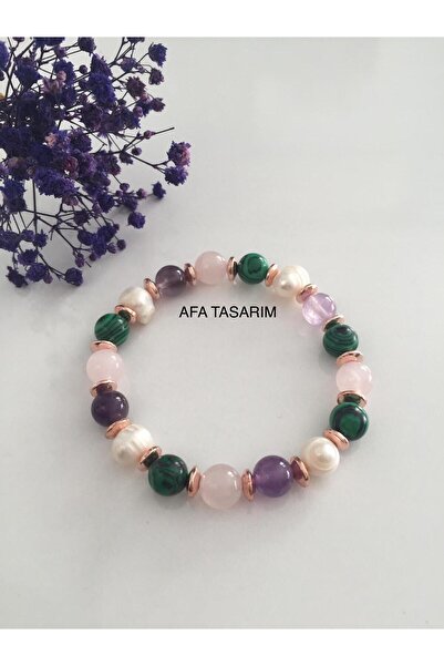 AFA TASARIM Doğal Taş Pembe Kuvars- Ametist-İnci-Malakit Taşı Bileklik