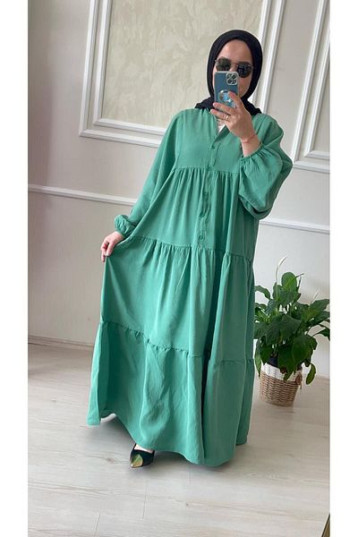 gül sezgin butik WOMEN'S BAT SLEEVE GREEN COLOR DRESS