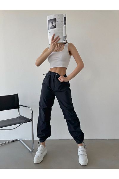 BEJNA Schwarze Hose mit hoher Taille aus Fallschirmstoff für Damen