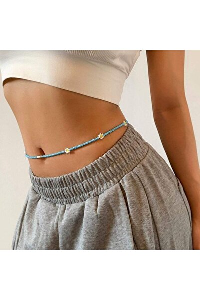 baddin aksesuar El Yapımı Çiçek Papatyalı Göbek Zinciri Mavi Bel Zinciri