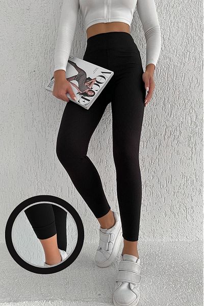 BEJNA Gerippte Damen-Strumpfhose aus schwarzem Fleece mit hoher Taille
