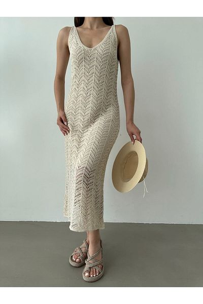 BEJNA Cremefarbenes, durchbrochenes Sommer-Strickkleid für Damen mit Trägern