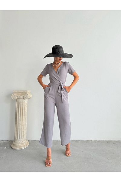 BEJNA Grauer Jumpsuit mit zweireihigem Kragen für Damen