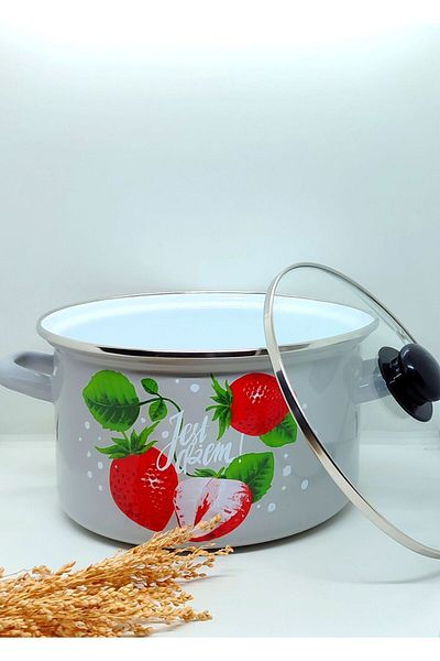 EBRULİEMAYE Strawberry Figure Enamel Pot 4.5 Liter 24 cm Diameter Milk Yogurt Soup Pot