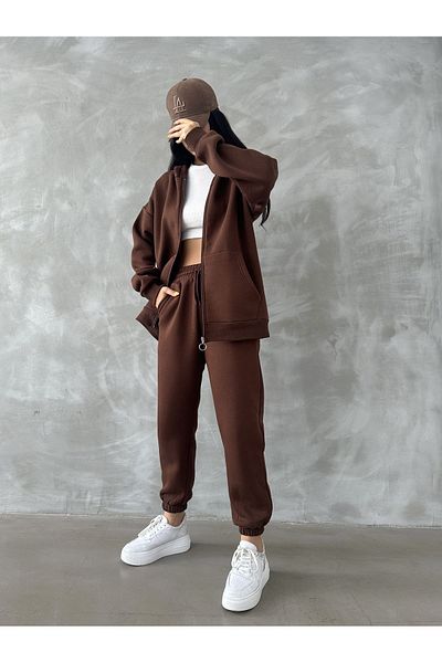 BEJNA Brown Cotton Hooded and Zippered Tracksuit Set - Fleece Inside
