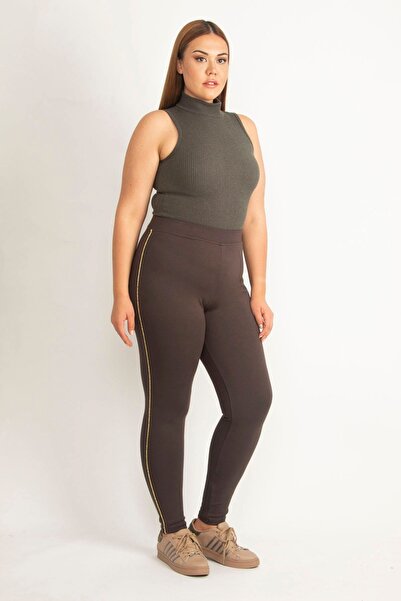 Şans Women's Large Size Brown Side Glitter Detailed Leggings Trousers 65n20135