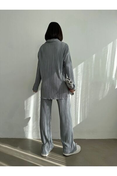 BEJNA Women's Gray Pleated Shirt Pants Bottom Top Set