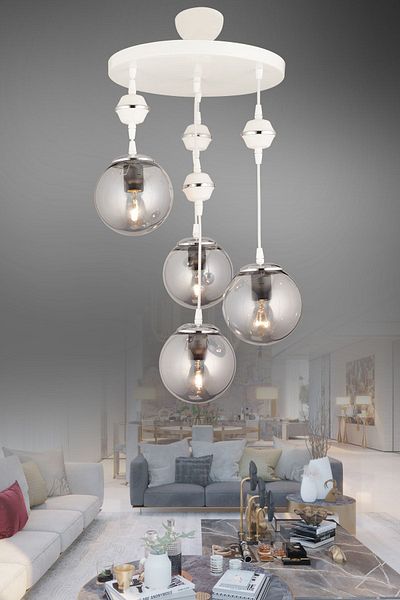 SONSUZ AYDINLATMA&AVİZE Pendant Lamp Tray White 4-Piece Smoked Glop Top Glass Chrome Downward Facing Luxury Chandelier