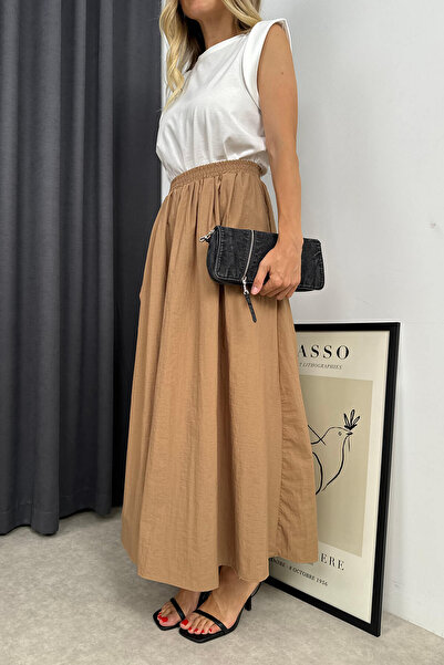 Sue Store Fusta de culoare camel cu talie elastica