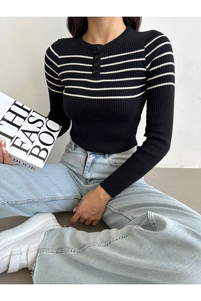 BEJNA Strick-Crop-Bluse - Damen, Kragen geknöpft