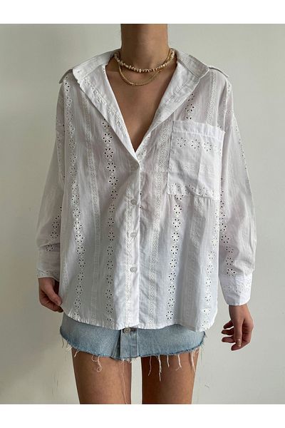 BEJNA Weißes Oversize-Shirt mit Blumenstickerei für Damen