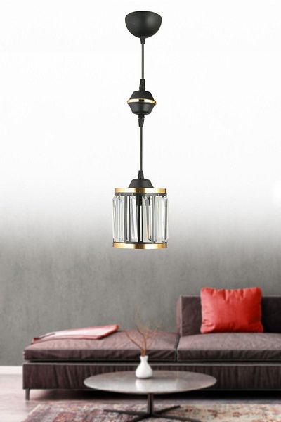 SONSUZ AYDINLATMA&AVİZE Single Black Pendant Lamp with Crystal Stone and Yellow Strip Cylinder Downward Facing Luxury Chandelier
