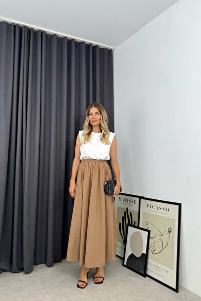 Sue Store Fusta de culoare camel cu talie elastica