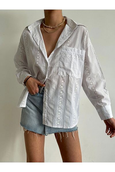 BEJNA Weißes Oversize-Shirt mit Blumenstickerei für Damen