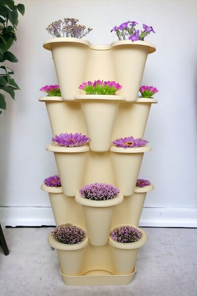 Genel Markalar 5 Katlı Yonca Kule Saksı Seti | Çiçek Bitki Sebze Meyve Salon Mutfak Banyo Bahçe Saksı Seti Krem