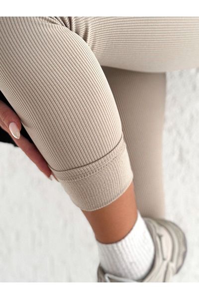 BEJNA Damen-Strumpfhose aus beigem, geripptem Fleece mit hoher Taille