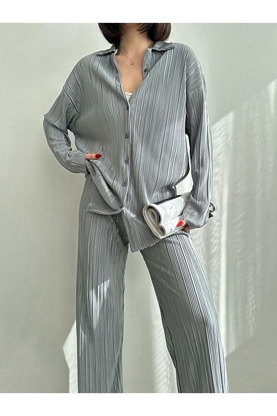 BEJNA Women's Gray Pleated Shirt Pants Bottom Top Set