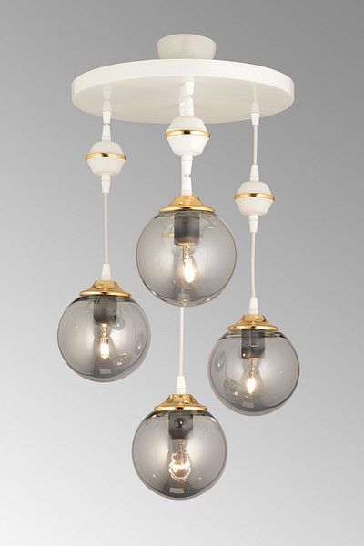 SONSUZ AYDINLATMA&AVİZE Pendant Lamp Tray White 4-Piece Smoked Ball Globe Glass Downward Facing Luxury Chandelier