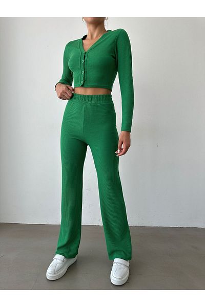 BEJNA Women's Green Crop Cardigan Palazzo Pants Set