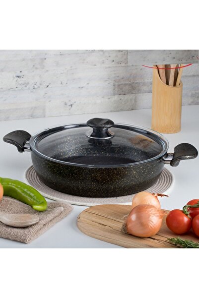 Evren 32 Cm Gold Stone Ezme Seri Basık Tencere, Non-stick Pilav Karnıyarık Te...