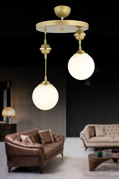 SONSUZ AYDINLATMA&AVİZE Pendant Lamp Tray Antique 2-Piece White Ball Glass Downward Facing Luxury Chandelier