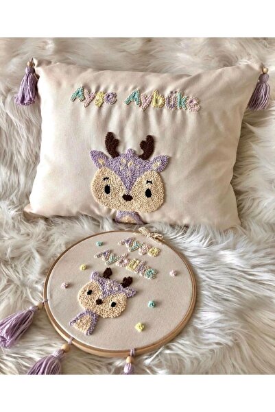 afralya home Bebek Çocuk Odası Isimli Dekoratif Yastık Kılıfı Ve Pano 2'li Ta...