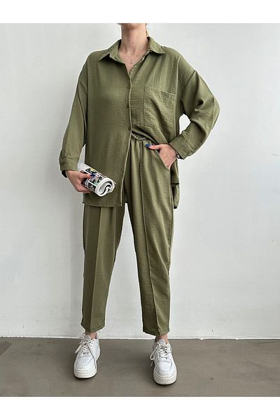 BEJNA Khakifarbenes Oversize-Leinenhemd-Hose-Oberteil- und Unterteil-Set für Damen