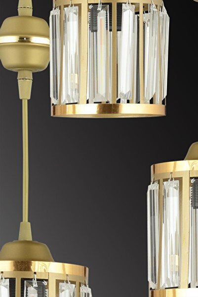 Genel Markalar 3'lü Eskitme Sarkıt Kristal Taşlı Sarı Şeritli Silindir Aşağı Bakan Lüks Avize