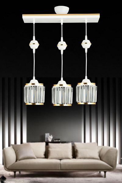 SONSUZ AYDINLATMA&AVİZE 3 Rows of White Pendant Lamp with Crystal Stones and Yellow Strip Cylinder Downward Facing Luxury Chandelier