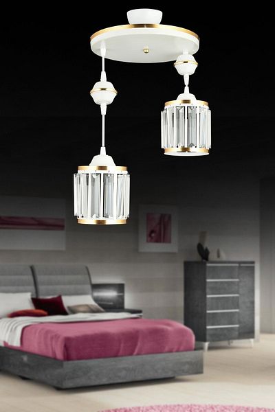 SONSUZ AYDINLATMA&AVİZE 2-Piece White Pendant Lamp with Crystal Stones and Yellow Strip Cylinder Downward Facing Luxury Chandelier