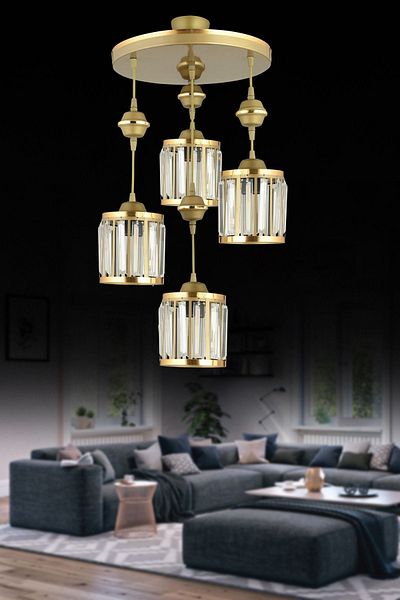 SONSUZ AYDINLATMA&AVİZE 4-Piece Antique Pendant Lamp, Crystal Stone, Yellow Strip, Cylinder, Downward Facing Luxury Chandelier